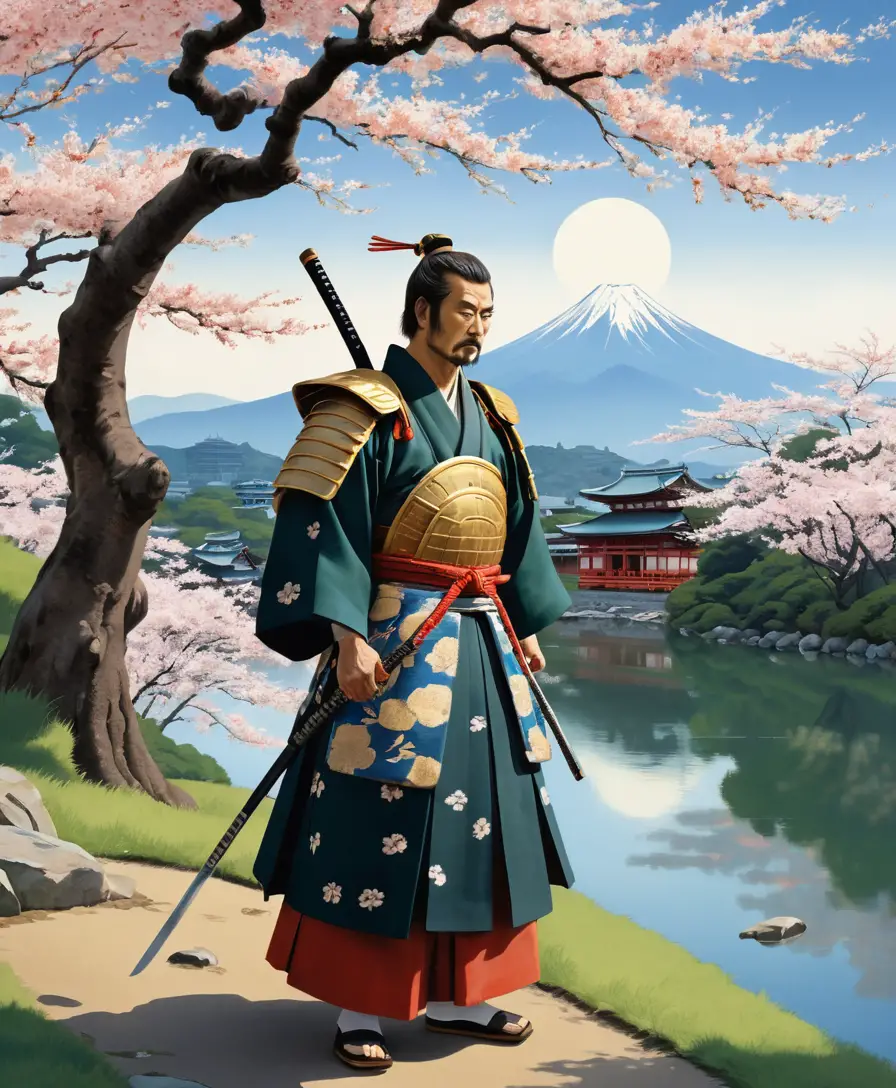 Ein Samurai unter blühenden Kirschblüten in einer japanischen Landschaft