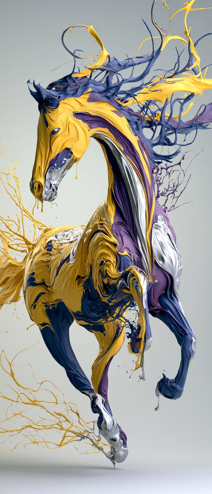Um cavalo galopante esculpido em tinta fluida e cromo
