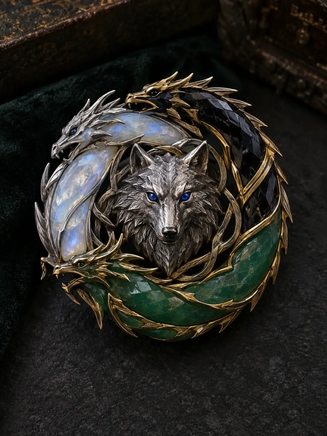 Eine heraldische Brosche mit drei Drachen, die einen Schattenwolf mit Saphiraugen umringen