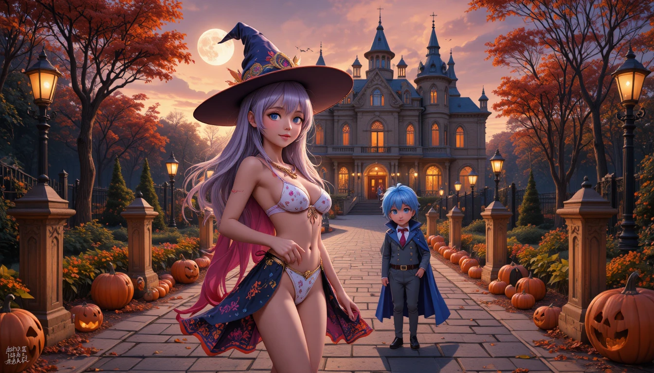 Duas crianças em estilo anime celebram o Halloween ao lado de uma casa gótica ladeada por abóboras