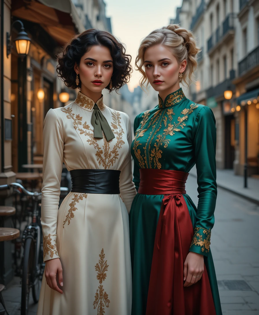Duas jovens com vestidos ornamentados da Belle Époque numa rua de Paris