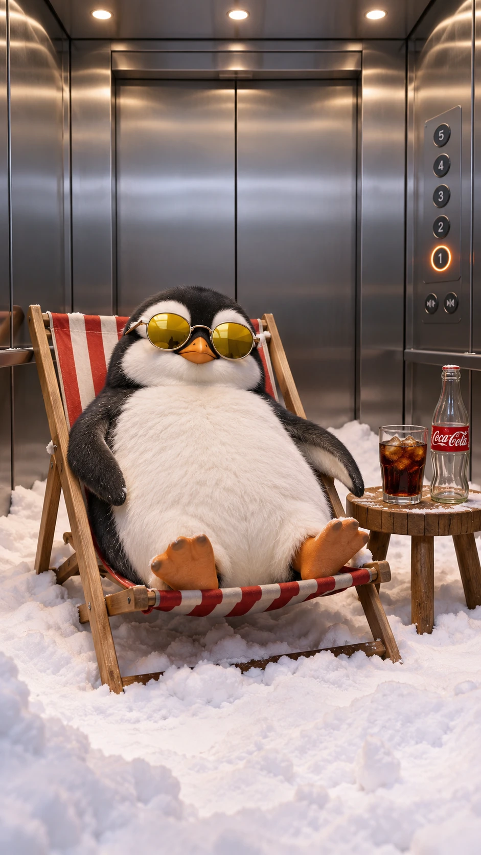 Un pinguino in ascensore con occhiali da sole rotondi e gialli