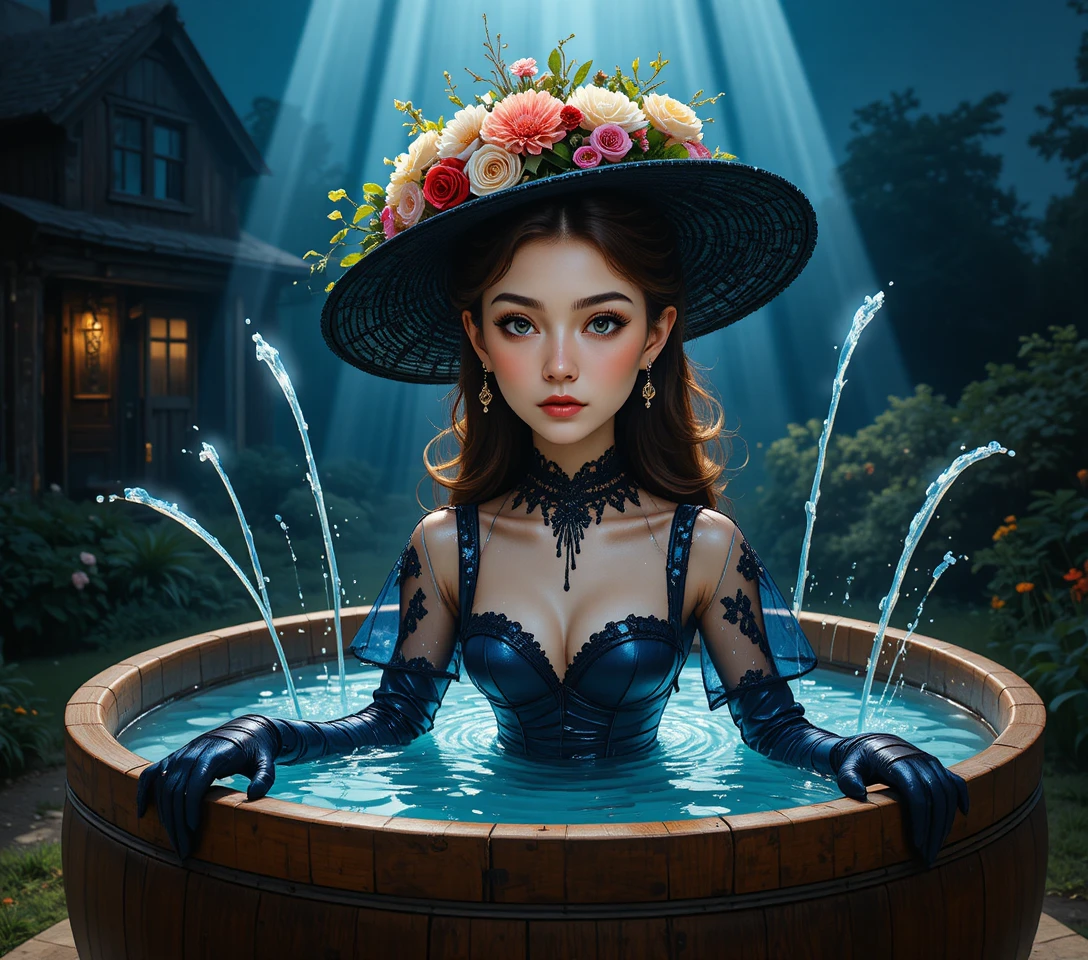 Elegant woman in a floral black hat and lace dress