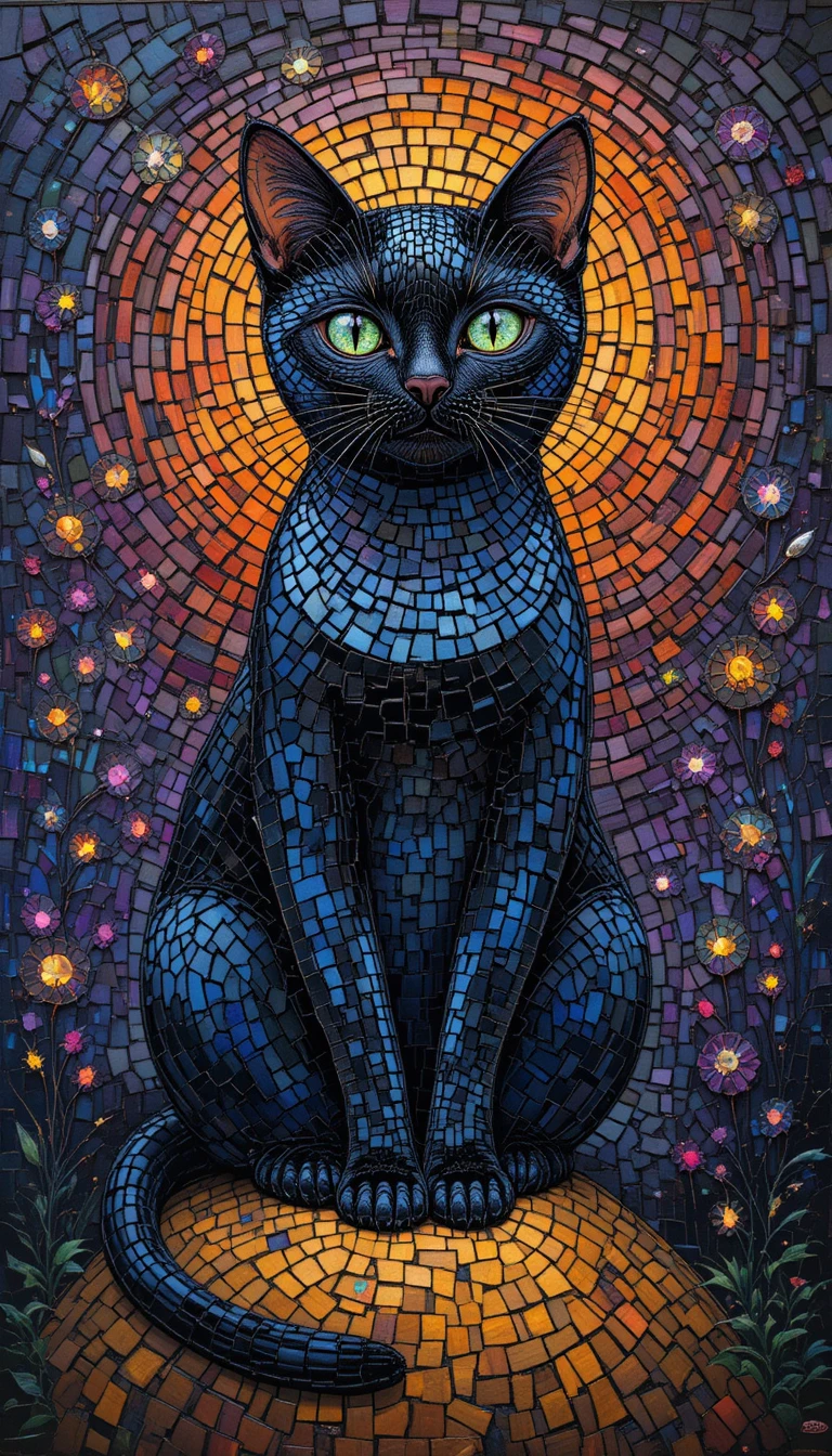 Un gatto nero dispettoso siede su un mucchio di zucche luminose