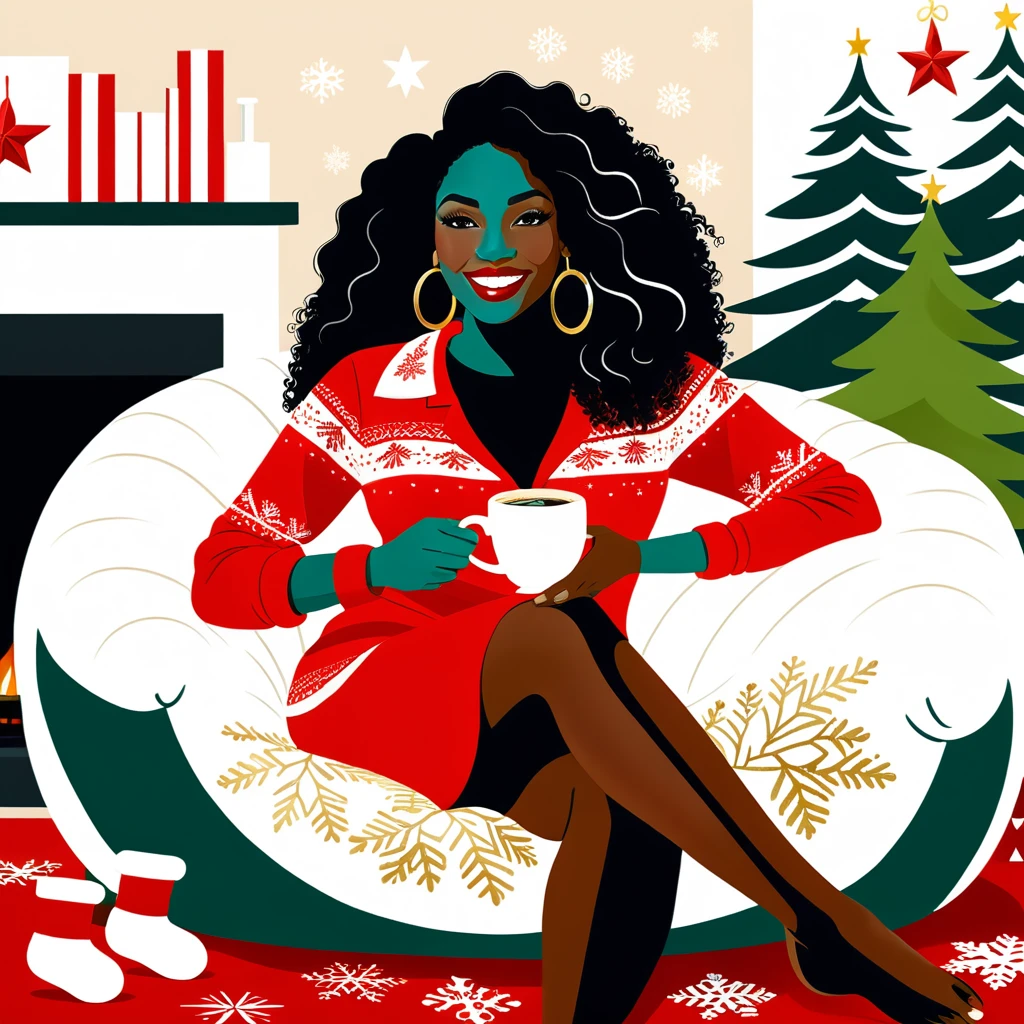 Uma mulher negra relaxa com café usando um pijama natalino festivo com renas