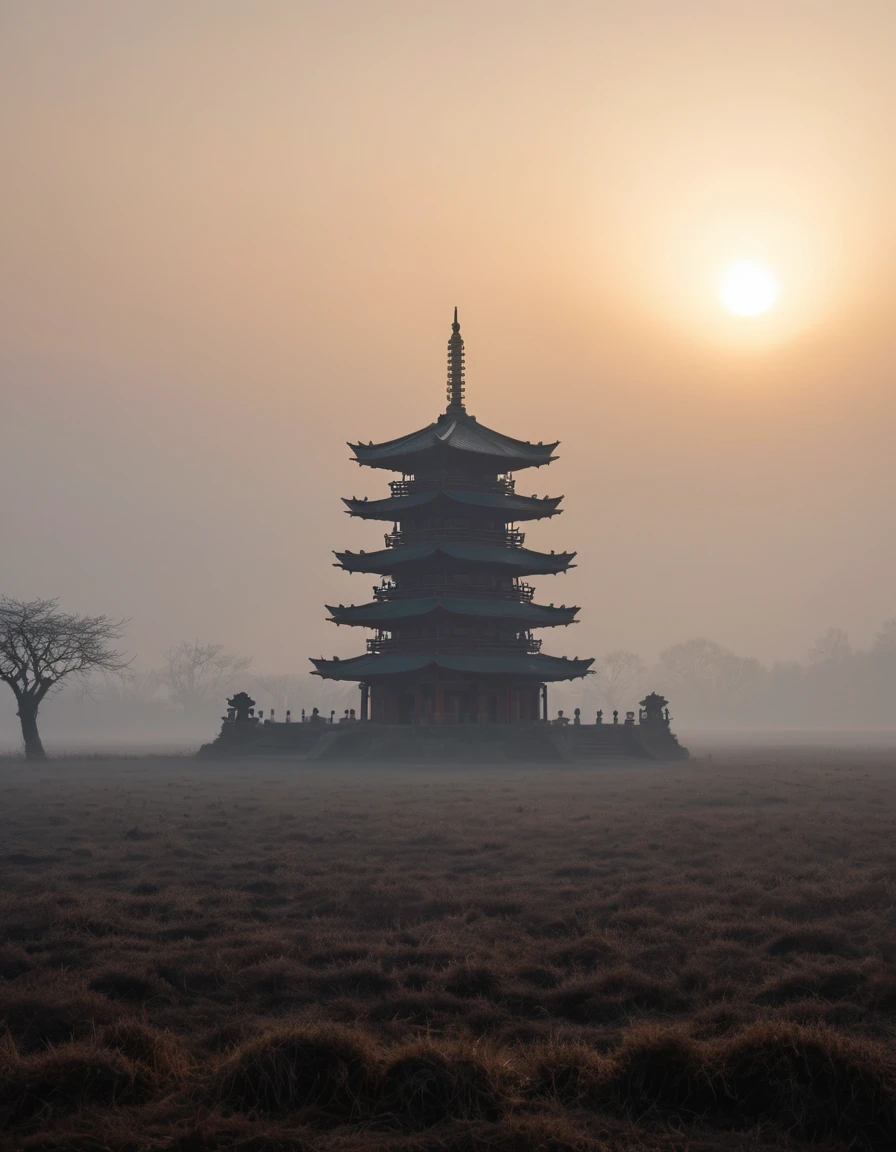 A pagoda emerges from mist across a bleak winter plain