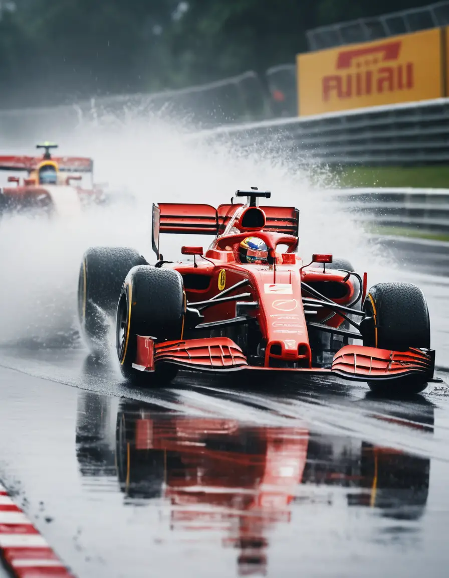 Le auto di Formula 1 sfrecciano tra gli spruzzi su una pista bagnata dopo la pioggia