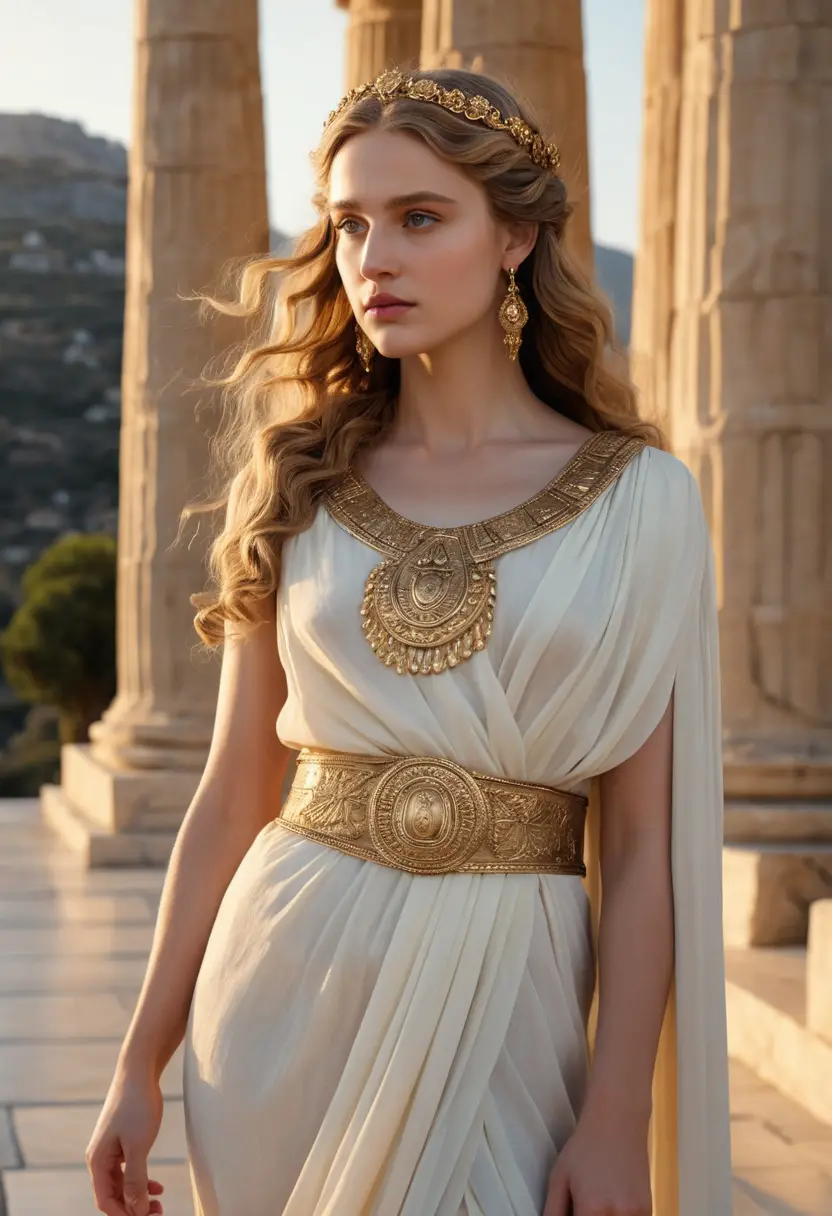 Helen of Troy in an ivory peplos at a Greek palace