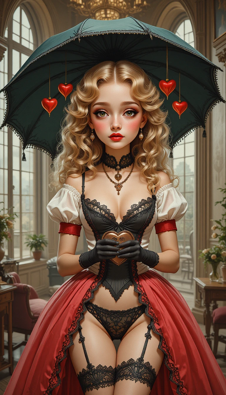 Uma menina vitoriana segura um guarda-chuva enfeitado com corações numa ilustração vintage