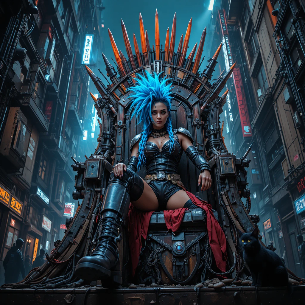 Uma mulher punk sentada num trono de sucata metálica numa cidade distópica