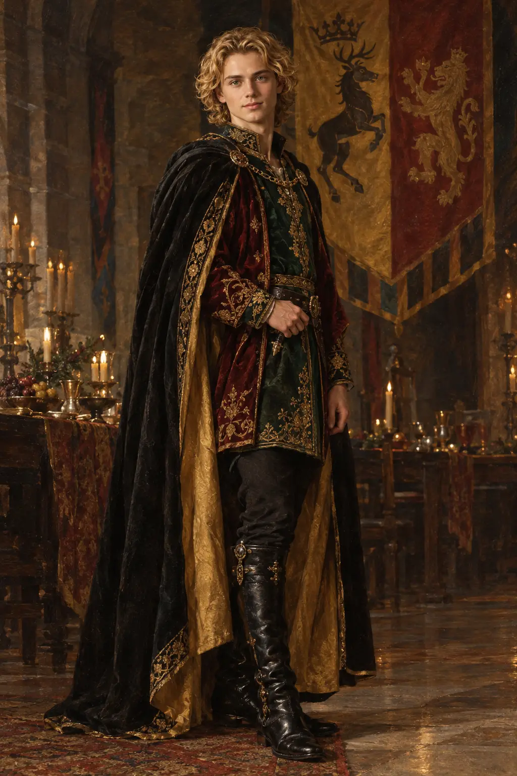 Ganzkörperporträt eines jungen Mannes in Samt im Stil der Renaissance
