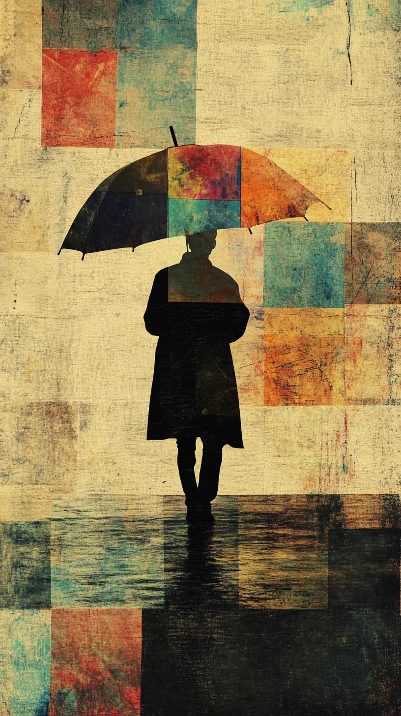 Ein Patchwork-Regenschirm löst sich in digitale Fragmente auf, während eine Person seine Fäden festhält