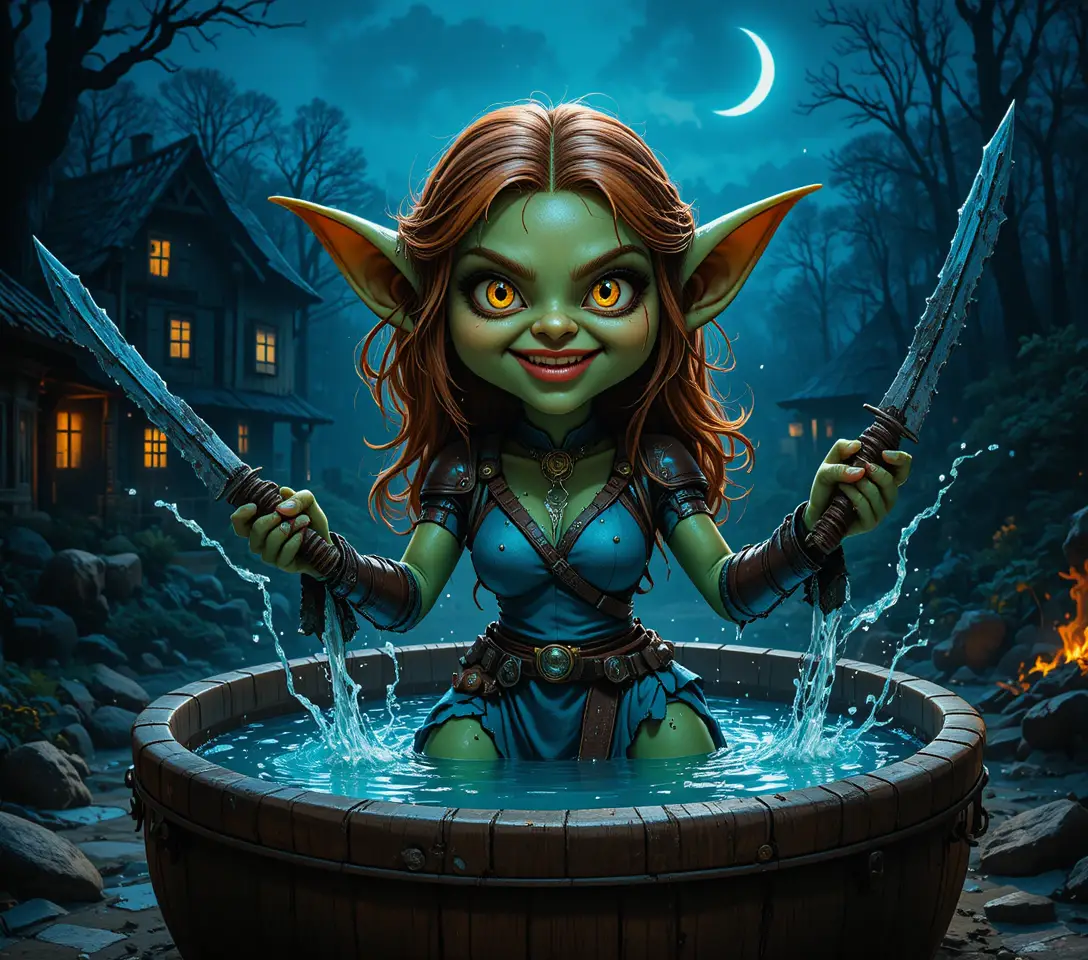 A Red Haired Woman Stands Amid Splashes in a Wooden Farmhouse Vat