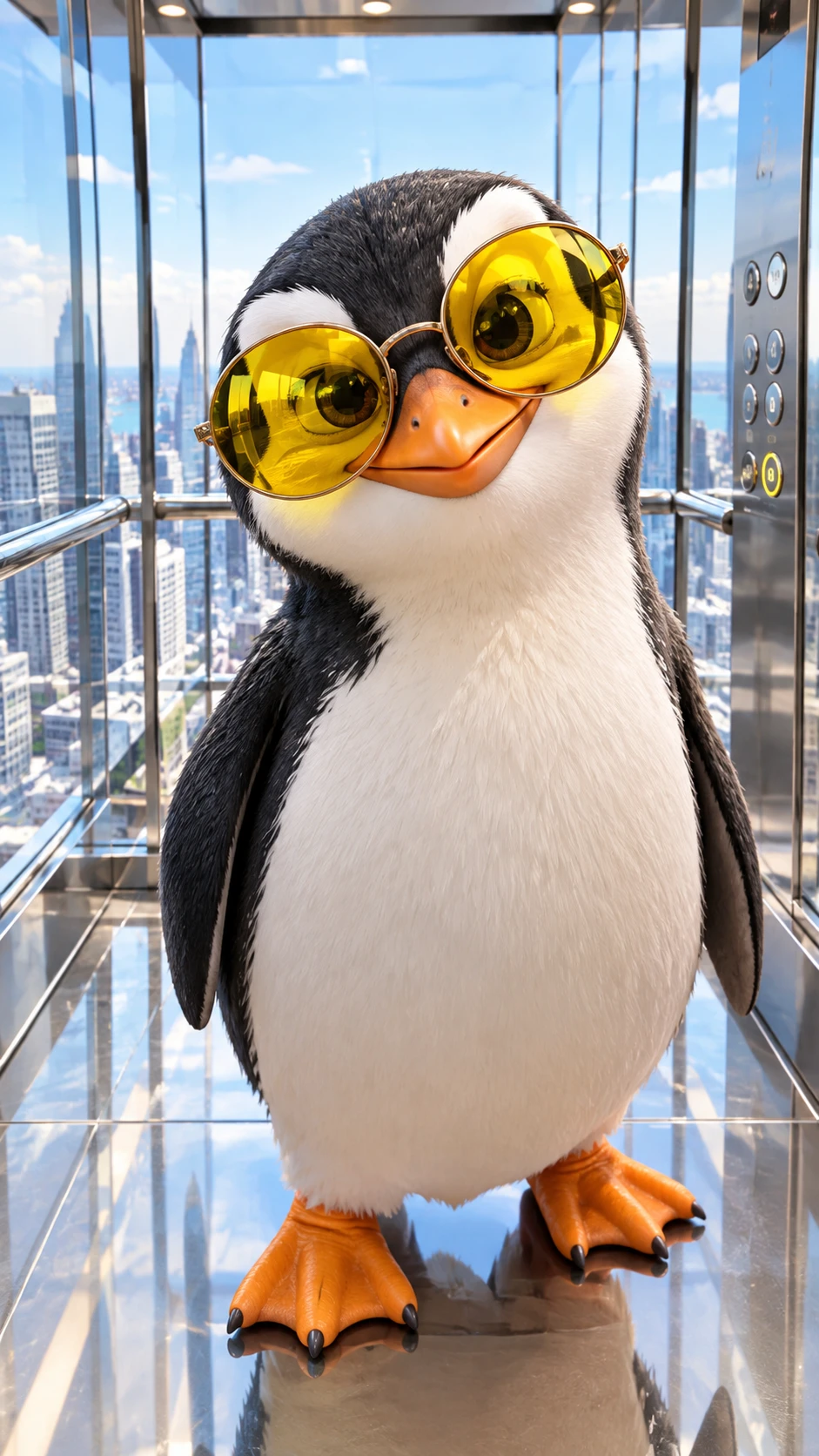 Un pinguino con occhiali da sole rotondi è in piedi in un moderno ascensore di vetro