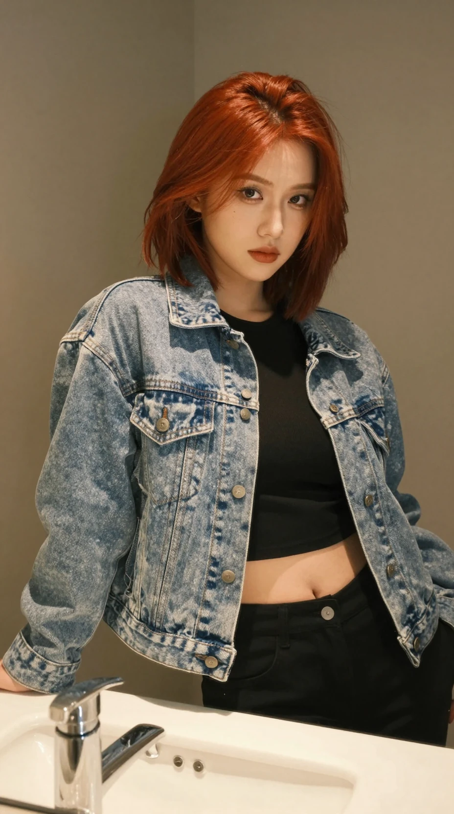 Uma mulher ruiva inclina-se ao lado de um lavatório diante do espelho