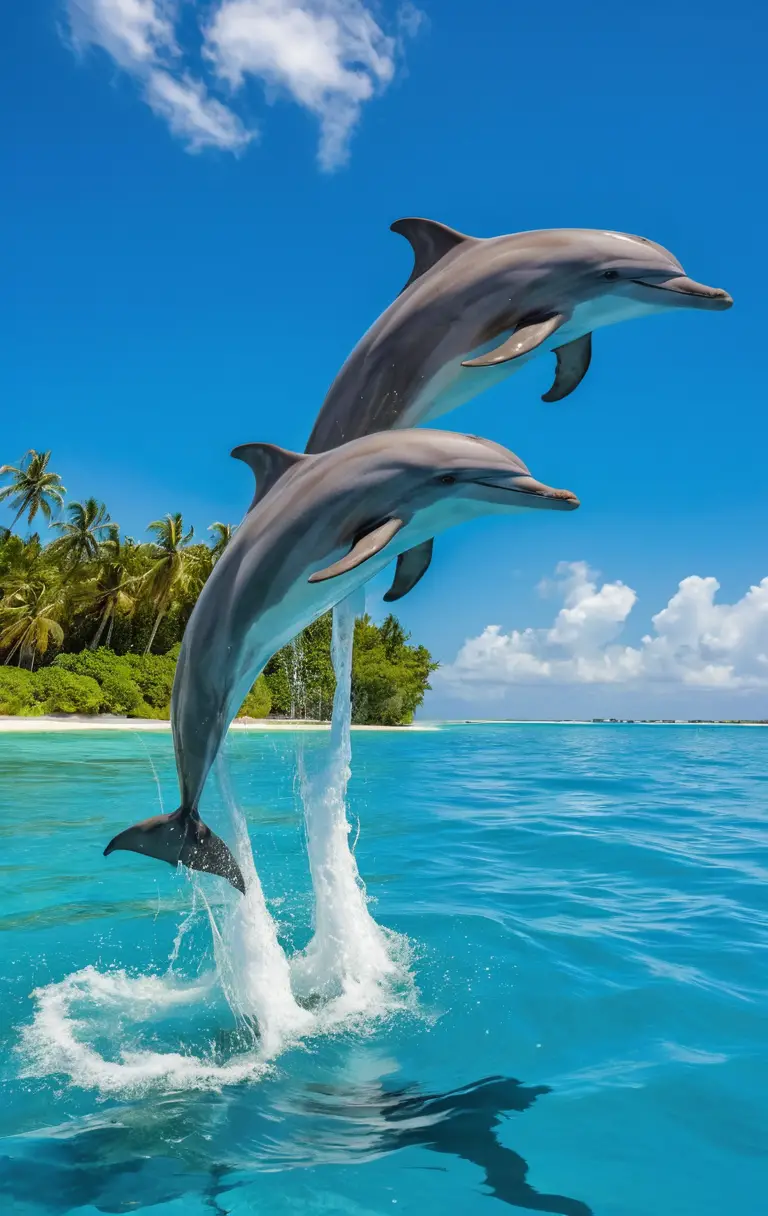 Zwei Delfine springen unter einem strahlend blauen Himmel aus dem Wasser einer tropischen Lagune