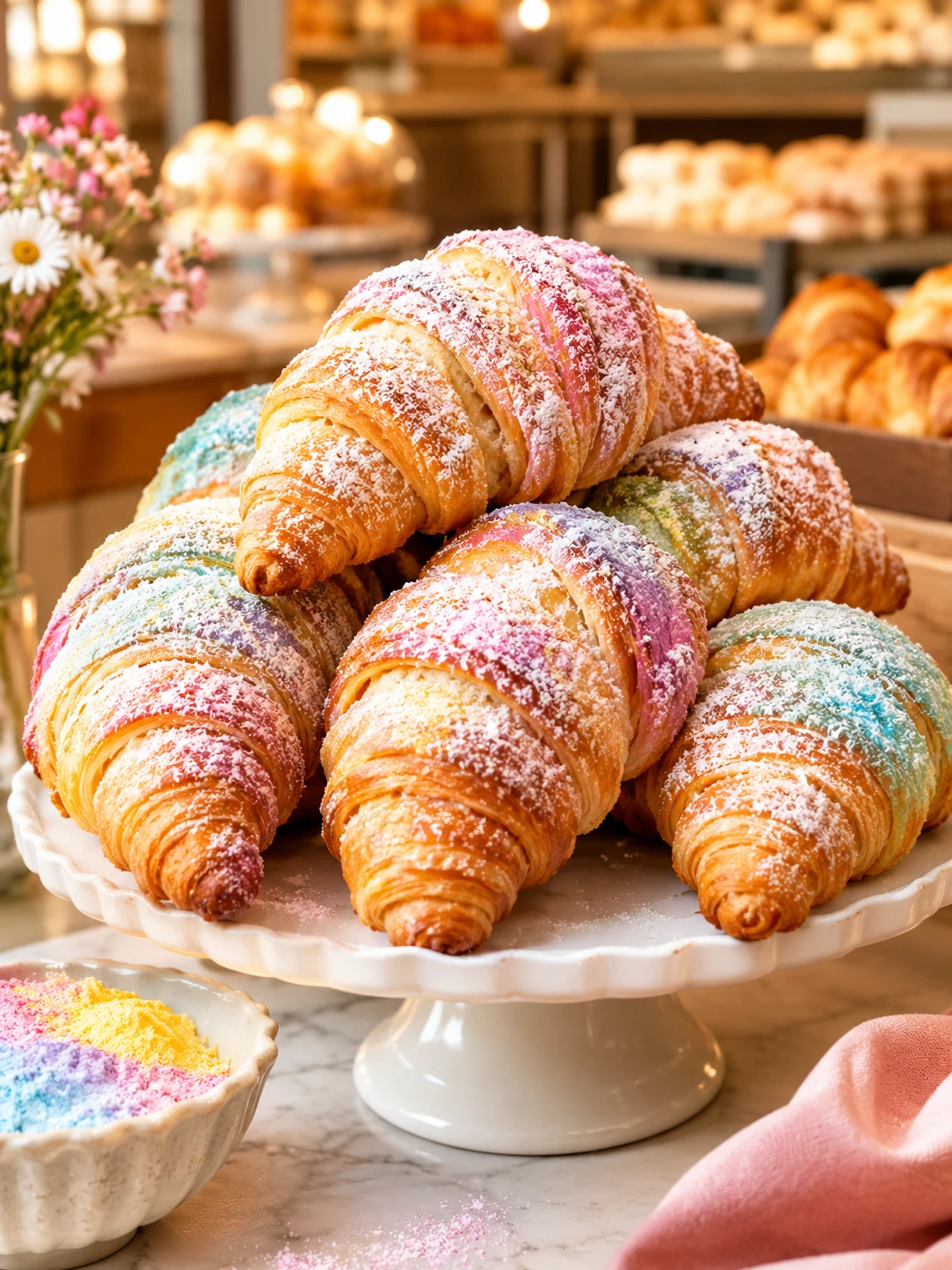 Croissants polvilhados com açúcar em tons pastel em uma padaria com luz quente de estúdio