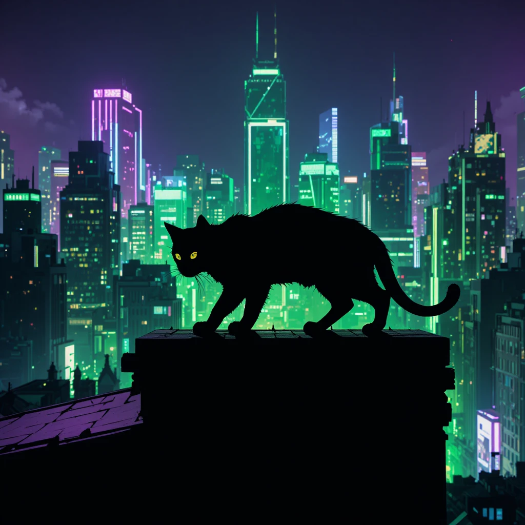 Die Silhouette einer schleichenden Katze auf einem von Neonformen eingerahmten Dach
