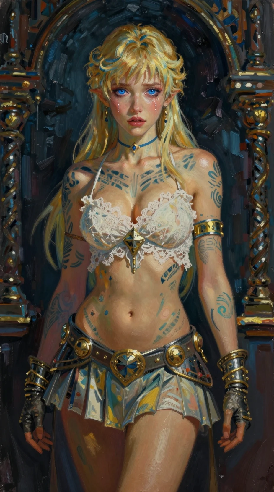 A princesa de anime Artoria posa com orgulho, usando uma armadura ornamentada e tatuagens tribais