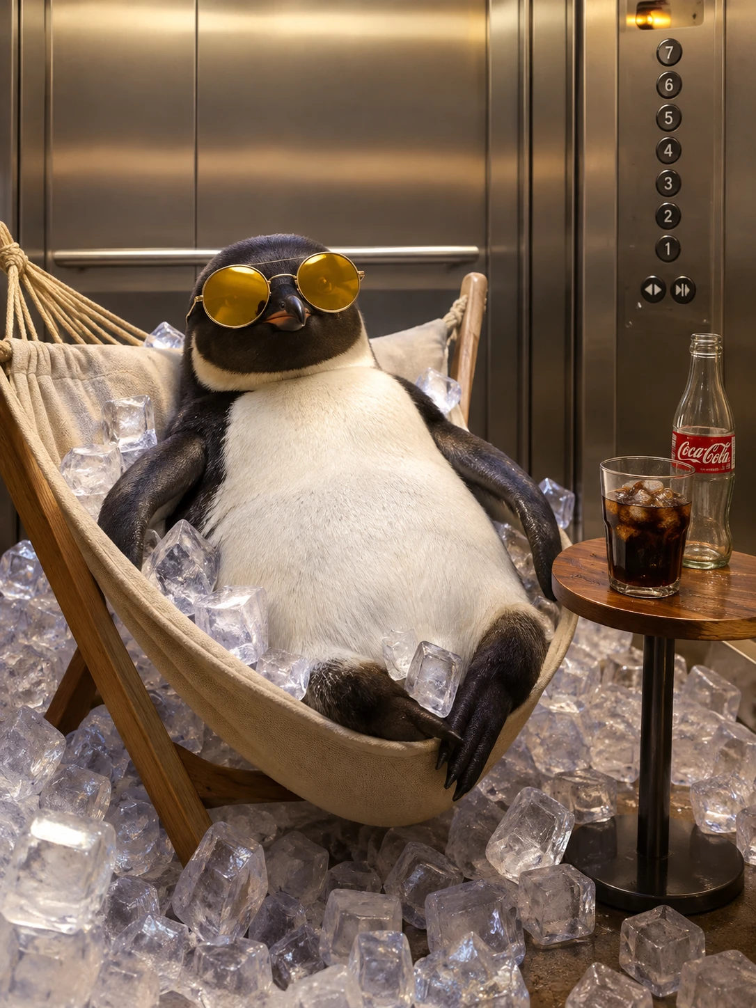 Un pinguino si rilassa in un ascensore gelido con occhiali da sole rotondi e gialli