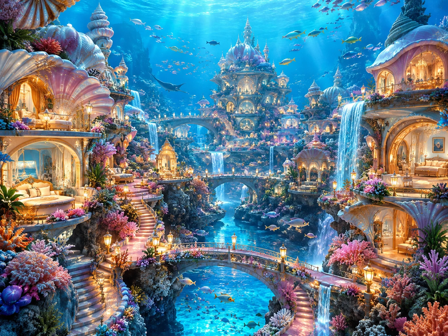 A colorful underwater shell city with bridges, waterfalls, and lantern-lit walkways
