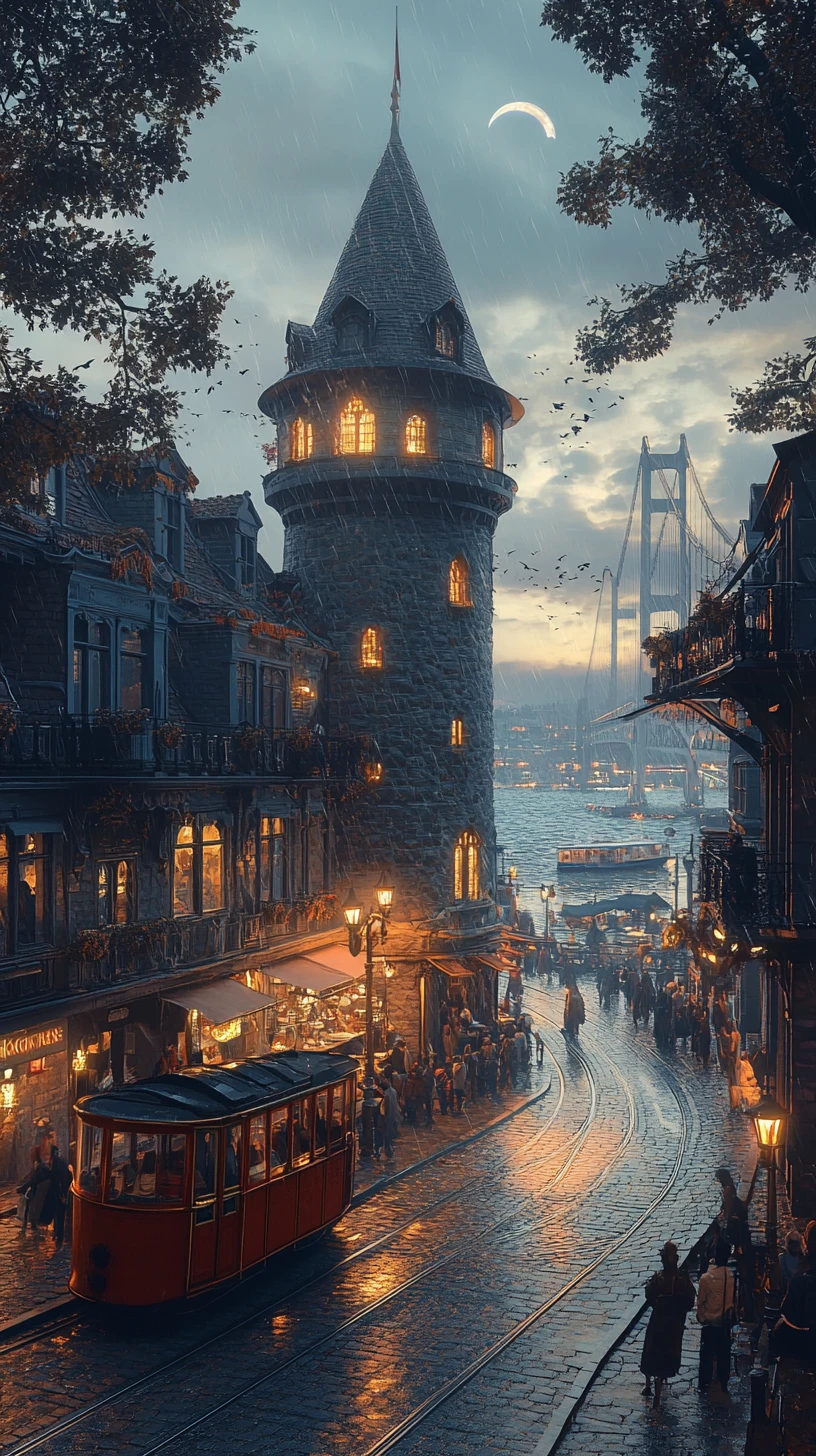 A historic stone tower rises above a bustling cobblestone neighborhood