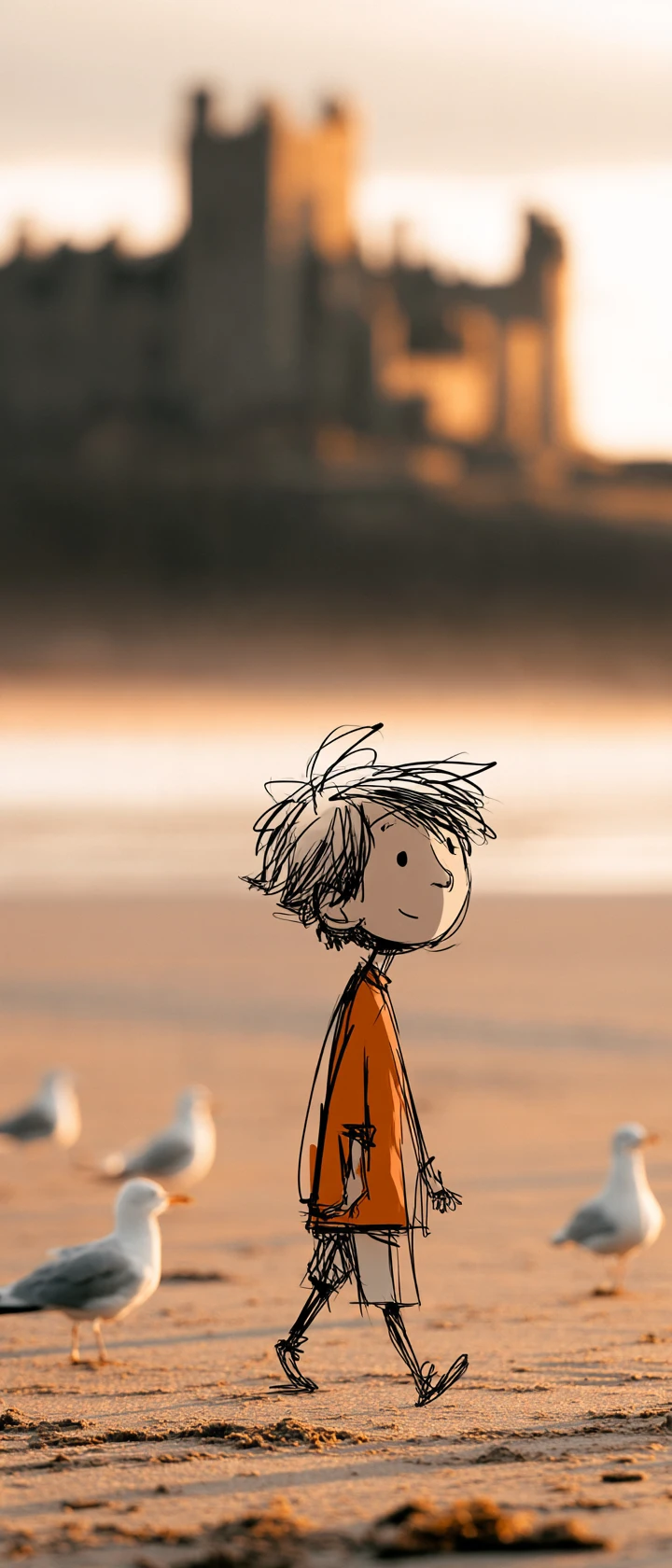 Um menino desenhado à mão caminha por uma praia arenosa sob a luz dourada do entardecer