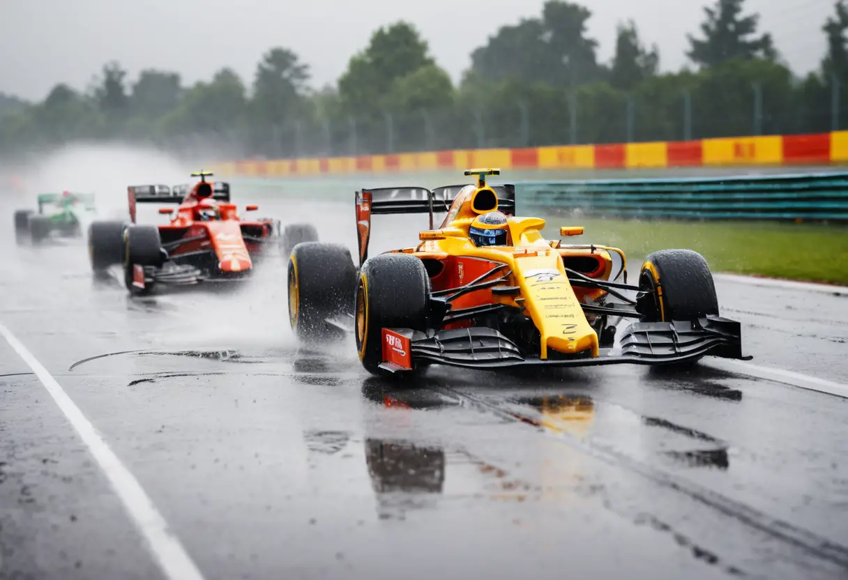 Auto di Formula 1 corrono affiancate su una pista bagnata
