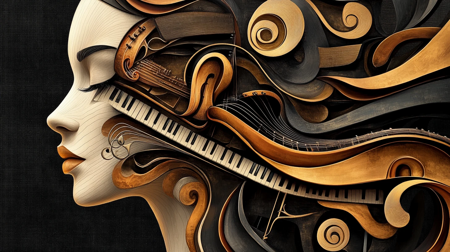 Violins and piano keys shape a surreal musical portrait