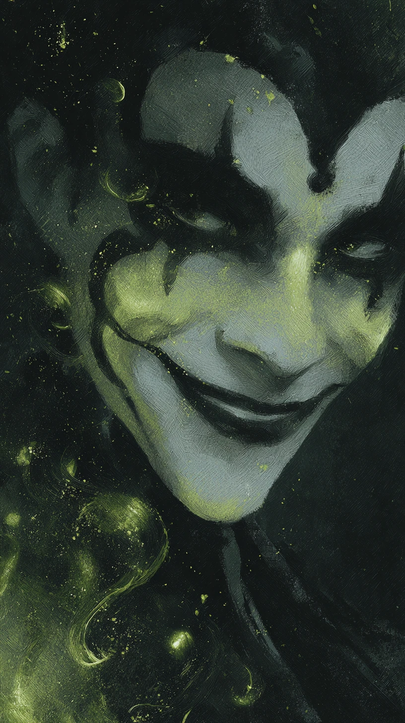 A harlequin figure wears an elongated porcelain mask amid swirling green magic