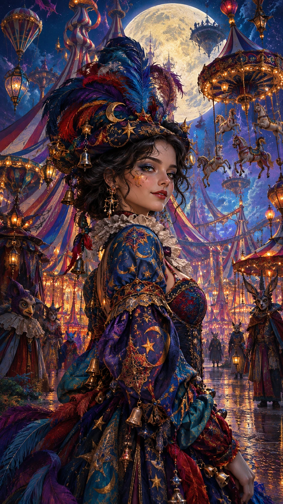 An elegant woman stands before a surreal midnight carnival