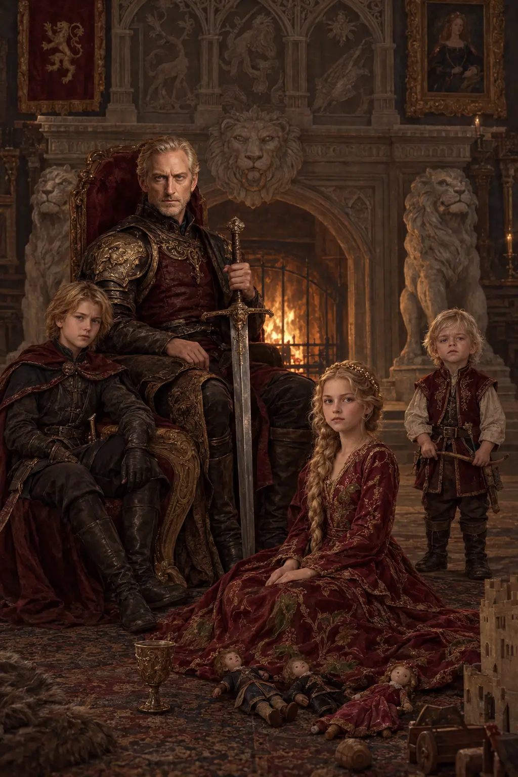A noble family gathers around an armored patriarch in a medieval hall