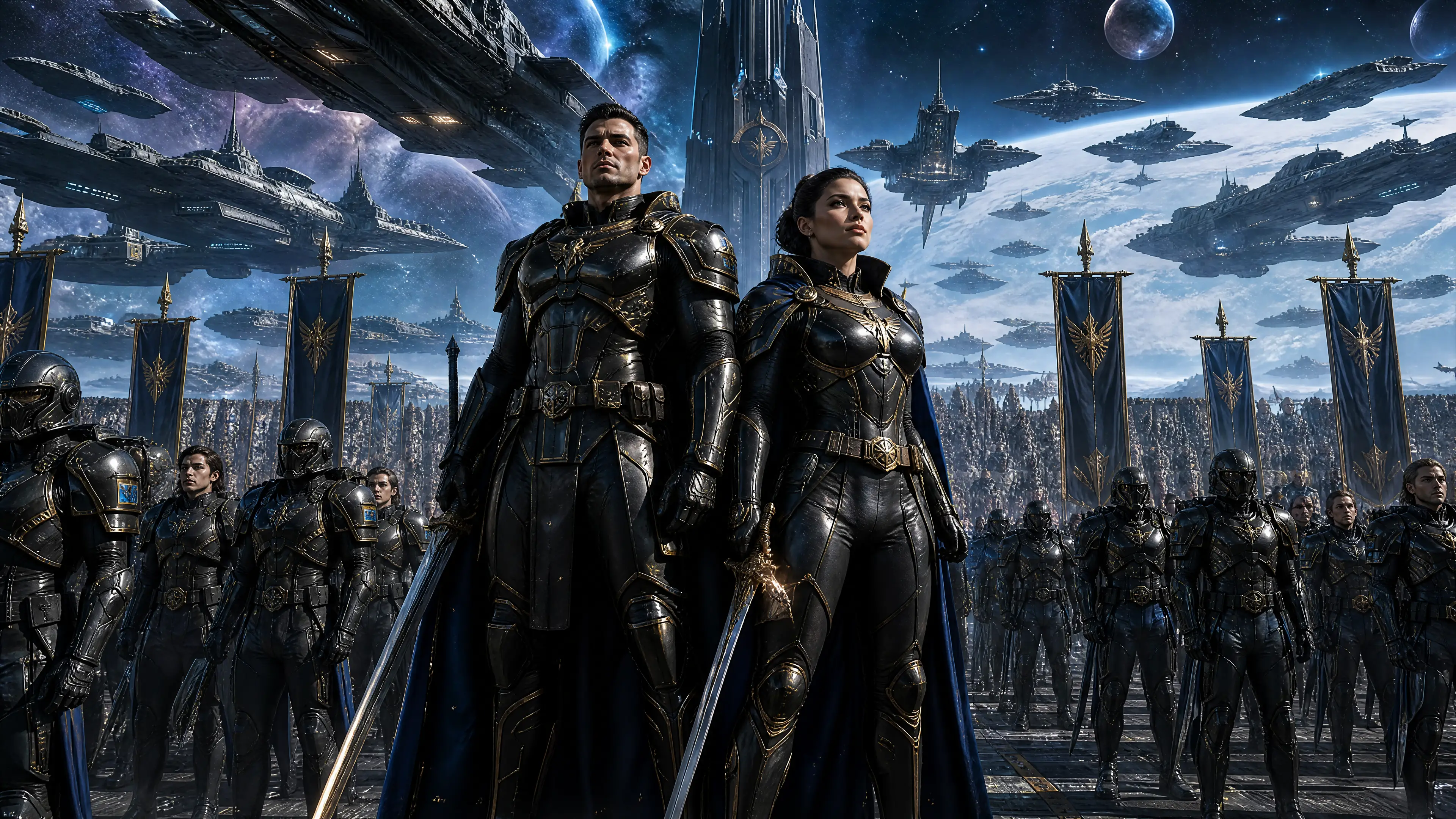 Male and female cosmic soldiers with blades and military fleets