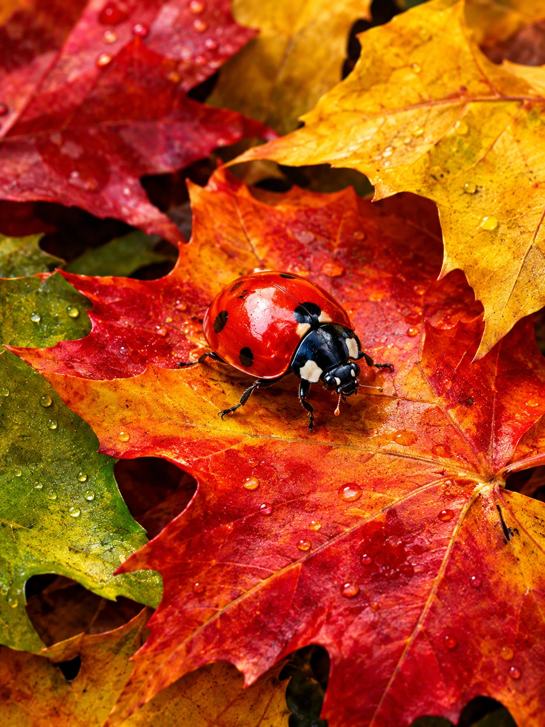 Una coccinella che riposa su vivaci foglie d'acero cadute