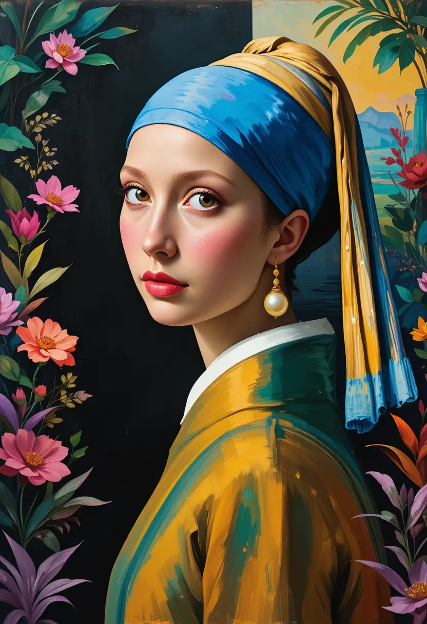 A girl with a pearl earring framed by tropical foliage
