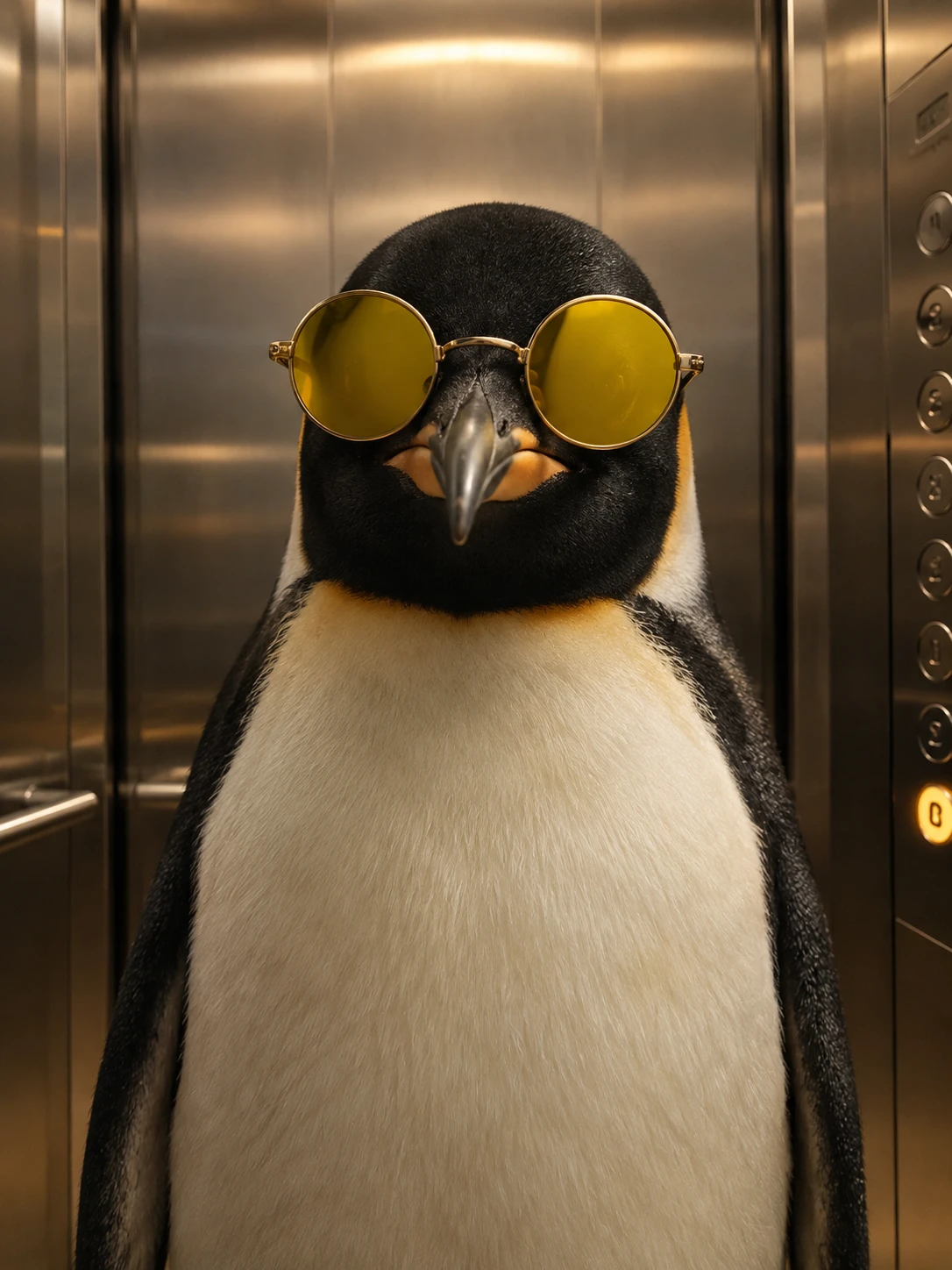 Un pinguino con occhiali da sole rotondi e gialli in un ascensore