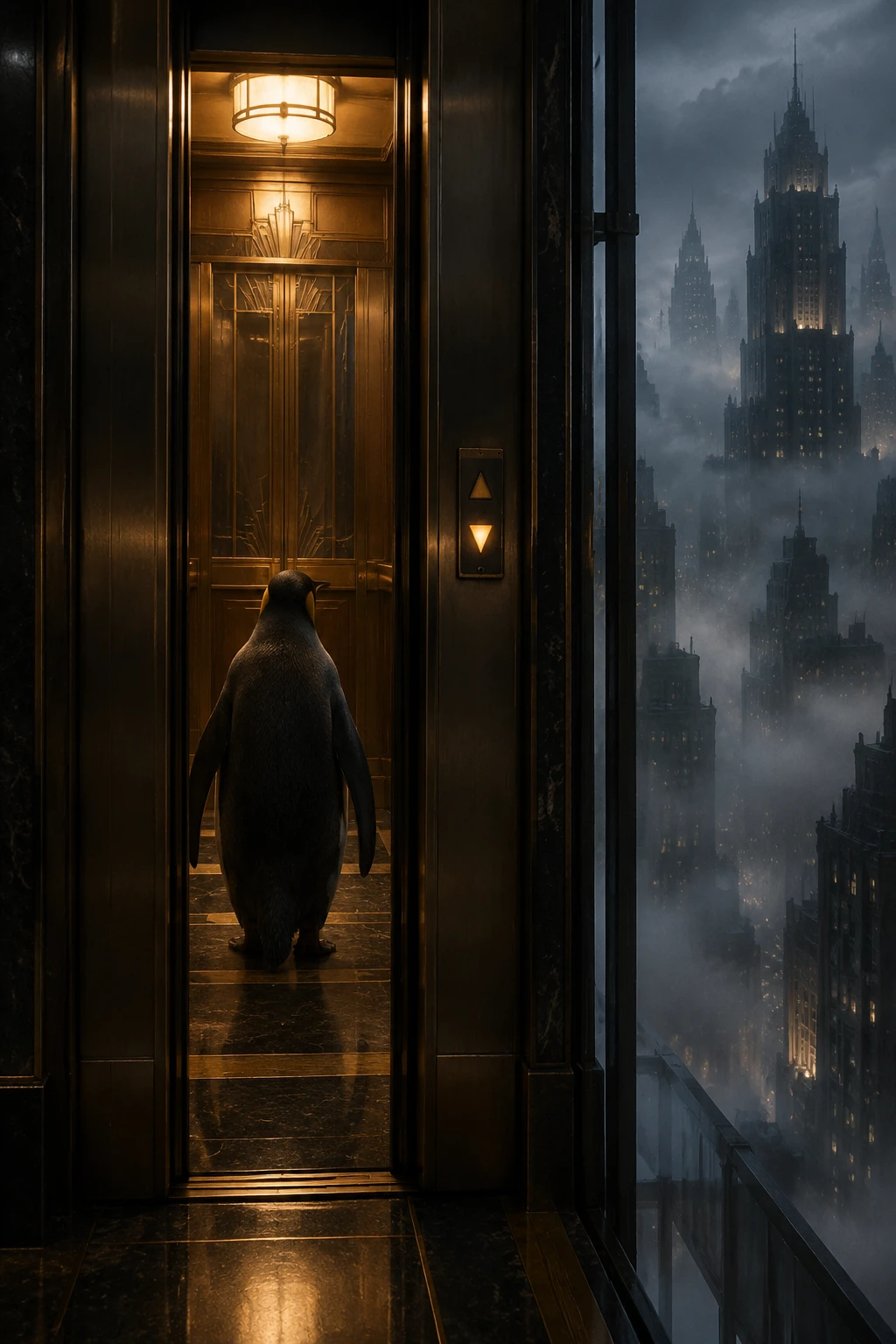 Un pinguino solitario entra in un ascensore d'epoca in un grattacielo art déco