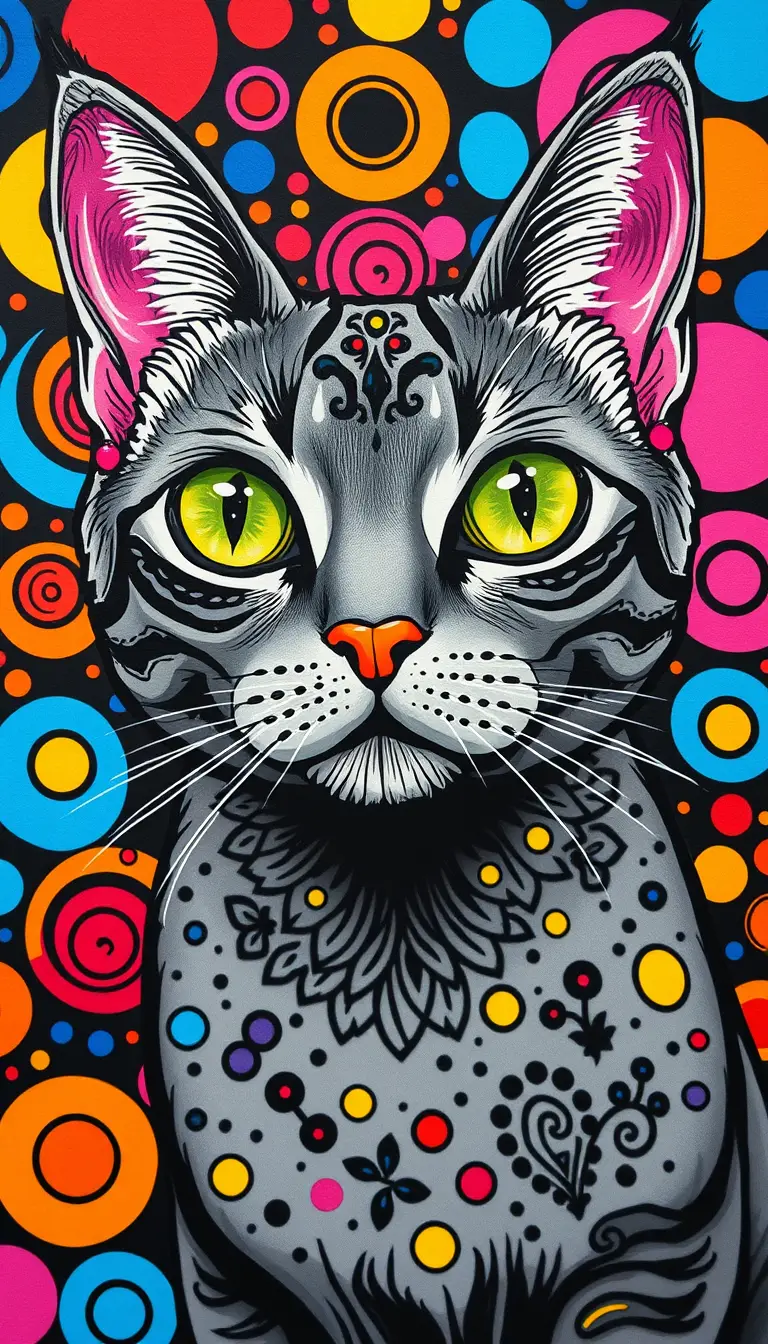 Un ritratto di gatto in pop art psichedelica con occhi verde brillante