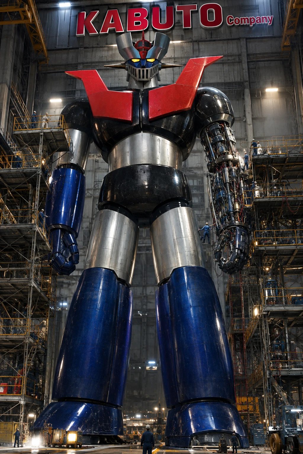 A giant robot undergoing maintenance inside a vast hangar