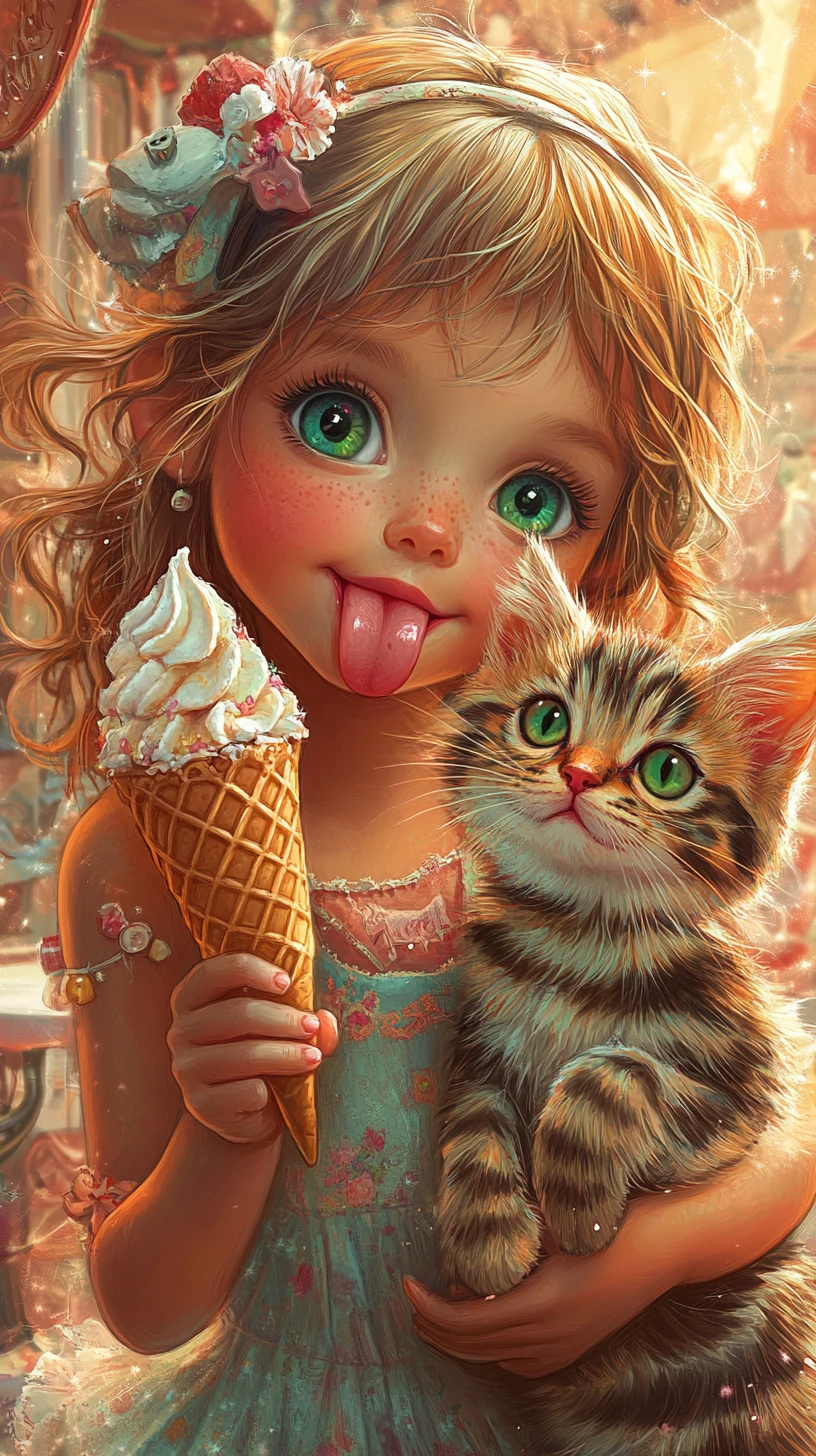 Una bambina gusta un gelato accanto a un gattino tigrato in un bar
