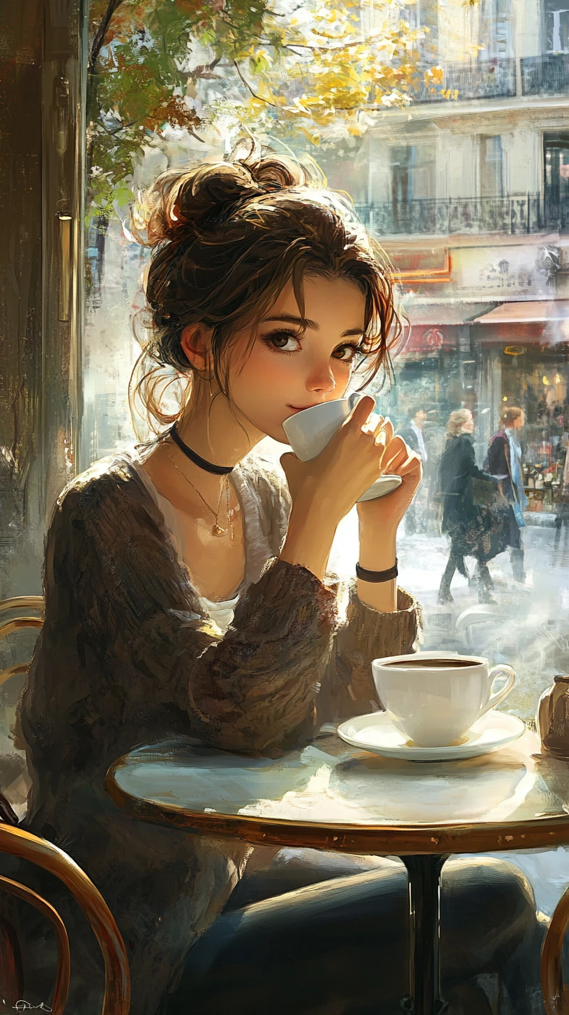 Une jeune femme sirote un café à la terrasse d’un café parisien