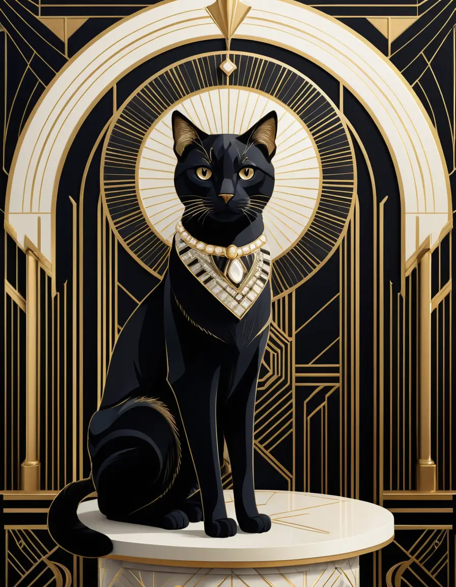Um gato majestoso sentado num pedestal geométrico em estilo Art Déco
