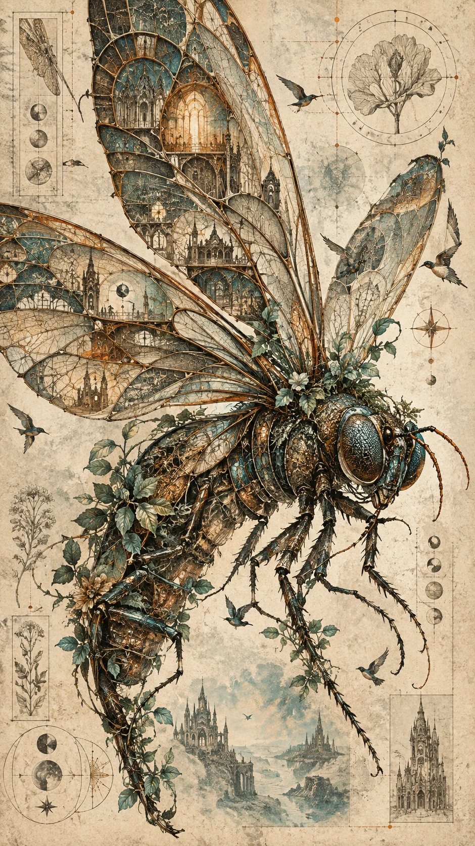 An Enormous Insect With Architectural Wings And Tiny Birds In Flight