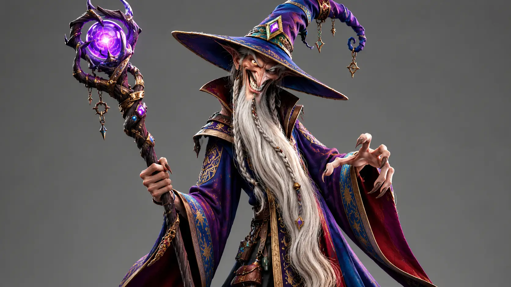 A Sinister Wizard With A Long Beard Holds A Staff In 3D