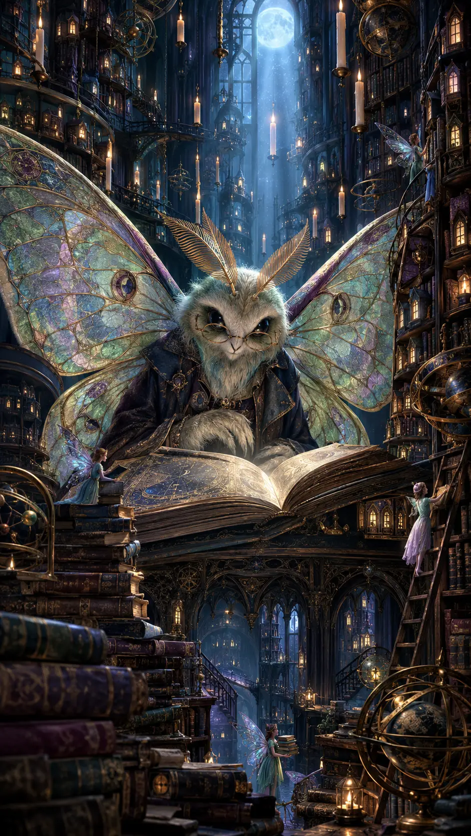 A giant luna moth sits behind an antique desk in a forgotten library