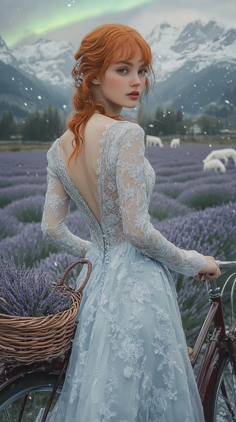 Uma mulher ruiva ao lado de uma bicicleta num campo de lavanda