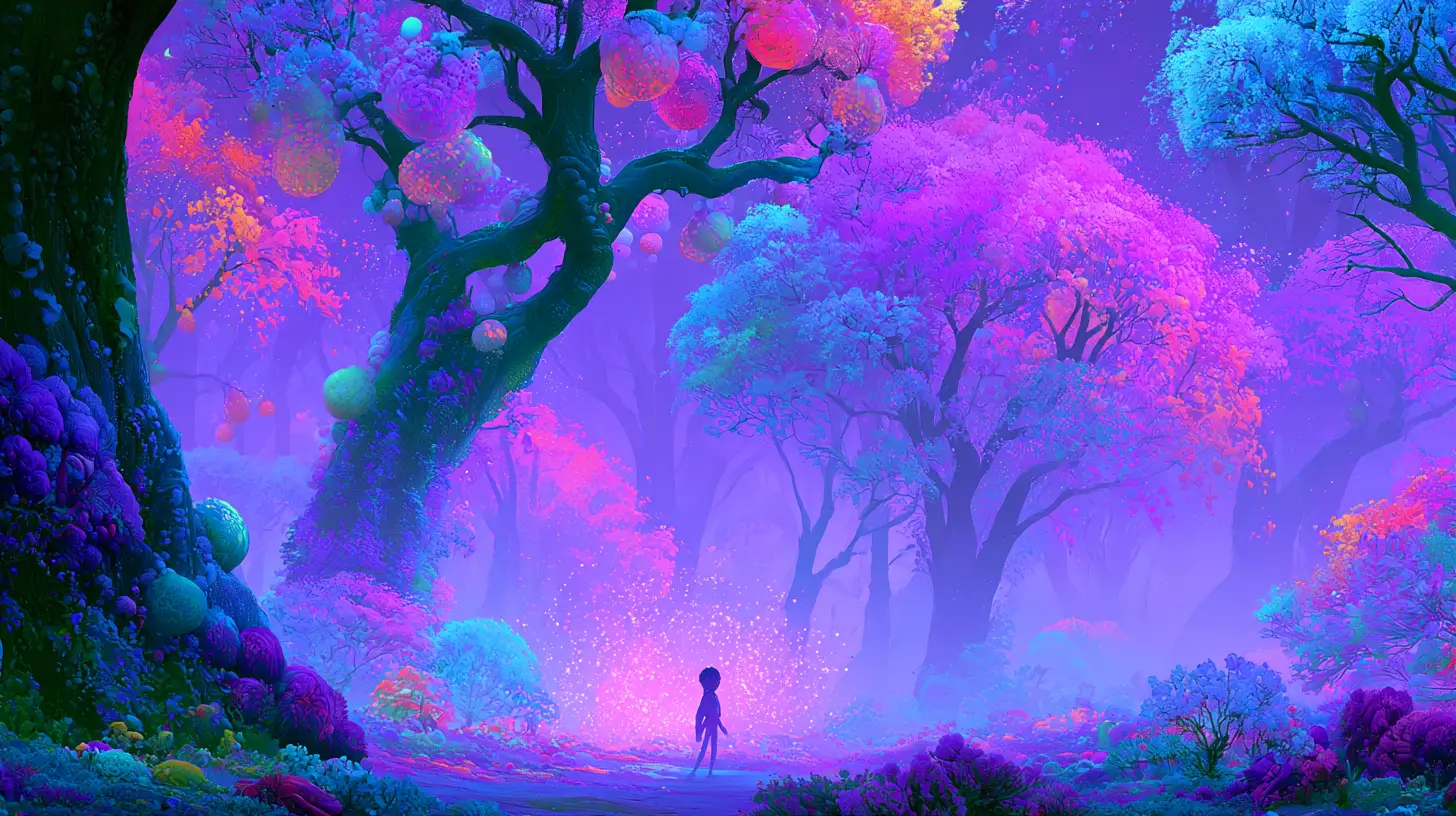 Neon Trees And Colorful Fruit Surround A Wandering Figure Beneath A Misty Sky
