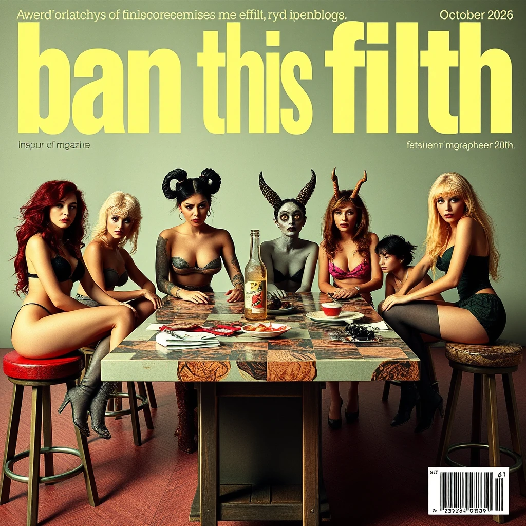 A porn magazine cover depicts performers seated on stools at a long table