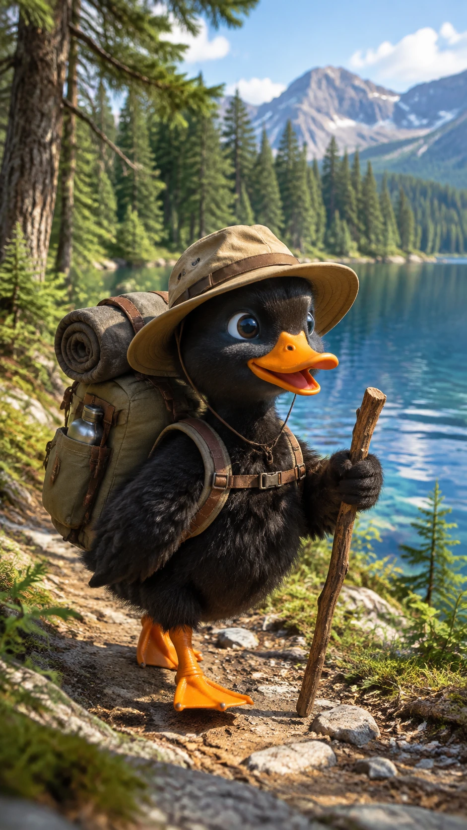 Ein Entenküken wandert mit einem Rucksack durch einen Wald am See