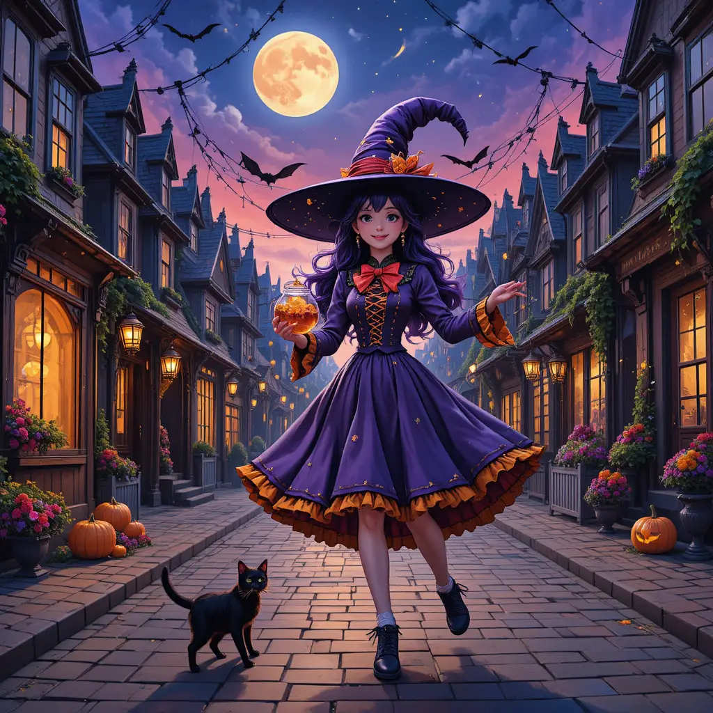 A young anime witch walks through a festive Halloween village street